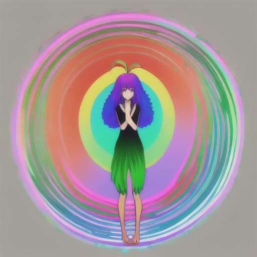  A circle where a has hair in rainbow color with different color of leaves and straight posture s out