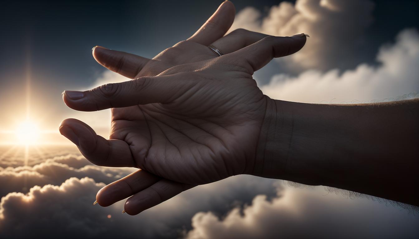  cinematic, aesthetic, Extended hand emerging from swirling mist, fingers detailed and reaching outwards, surrounding empty space, offer of strength and support, hopeful, mysterious, 4k, HDR, lens flare