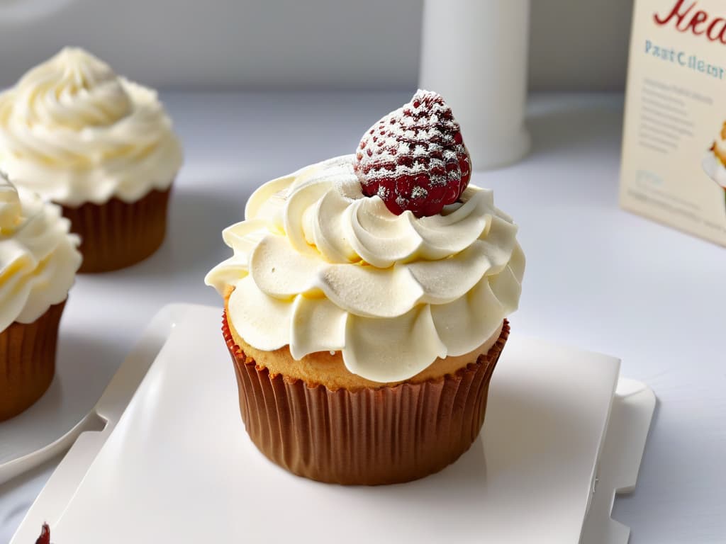  A closeup, ultradetailed image of a beautifully crafted and perfectly goldenbrown xylitolsweetened cupcake, topped with a delicate swirl of fluffy vanilla frosting and a single fresh raspberry. The cupcake sits on a sleek, modern white plate, set against a softfocus background of a sunlit kitchen counter with subtle hints of pastelcolored kitchen utensils. The intricate textures of the moist cupcake crumb, glossy frosting, and vibrant raspberry create a visually stunning and mouthwatering composition that perfectly captures the essence of xylitol's benefits in baking. hyperrealistic, full body, detailed clothing, highly detailed, cinematic lighting, stunningly beautiful, intricate, sharp focus, f/1. 8, 85mm, (centered image composition), (professionally color graded), ((bright soft diffused light)), volumetric fog, trending on instagram, trending on tumblr, HDR 4K, 8K