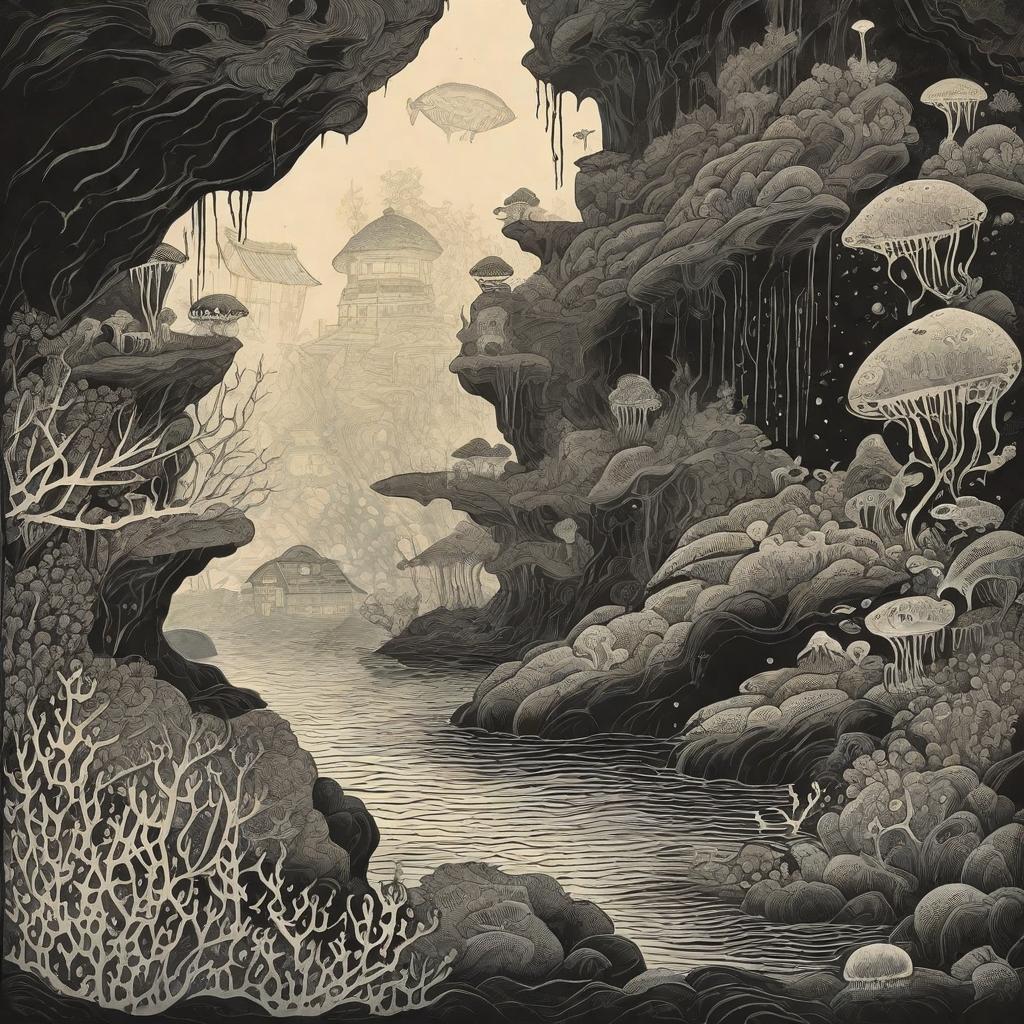  Masterpiece, best quality, a mysterious underwater cave, illuminated by bioluminescent creatures, casting ethereal light. Dark and mysterious, the rock formations create complex patterns. Emotions are mysterious and otherworldly, evoking a sense of exploration and adventure. Style is a combination of Chinese ink and digital painting, dramatic contrasts between bold strokes and shadows. The realization is a mixed-media artwork first sketched in traditional Chinese ink on rice paper, then scanned and digitally enhanced to reveal the brightness of bioluminescent creatures.