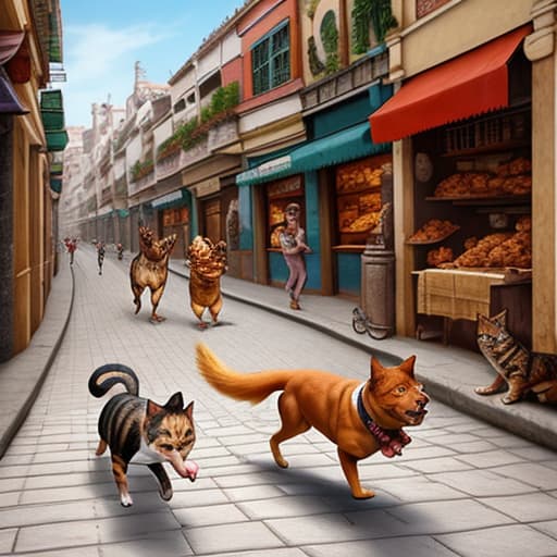  A dog and a cat running with a roast chicken in their mouths along a boulevard of merchants, curious details in the image,realistic visión