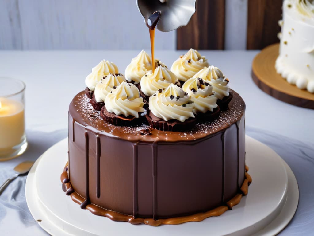  A closeup, ultradetailed image of a decadent vegan chocolate ganache being drizzled over a perfectly smooth and glossy vegan chocolate cake. The ganache is thick and luxurious, with a deep, rich color that glistens under the light. The cake is elegantly simple, showcasing the smooth texture and dark color contrasted against a pristine white cake stand. The image captures the moment of pouring the ganache, with a mesmerizing flow frozen in time, emphasizing the artistry and indulgence of vegan baking. hyperrealistic, full body, detailed clothing, highly detailed, cinematic lighting, stunningly beautiful, intricate, sharp focus, f/1. 8, 85mm, (centered image composition), (professionally color graded), ((bright soft diffused light)), volumetric fog, trending on instagram, trending on tumblr, HDR 4K, 8K