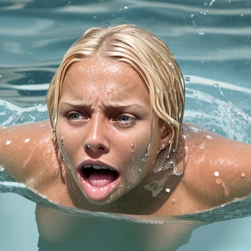  tanned blonde woman drowning and sinking in the water water is up to her nose, her body is not visible she's screaming and panic