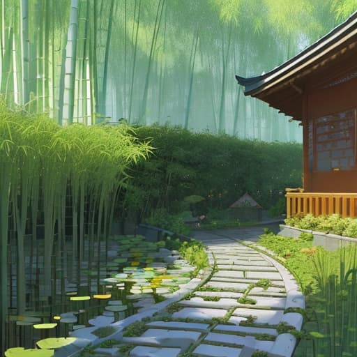  The sun at 11:00 in the morning shines on the wall of the small tile house, and there is a small bamboo forest beside it. There is a small pond on the right side of the house. Is there a path beside the pond? There are weeds beside the path... The pond is painted bigger.