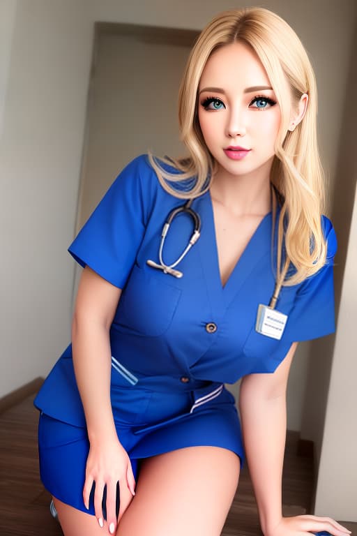  Blonde, blue eyes, big tits, blush, long hair, nurse's uniform, titillation, woman.