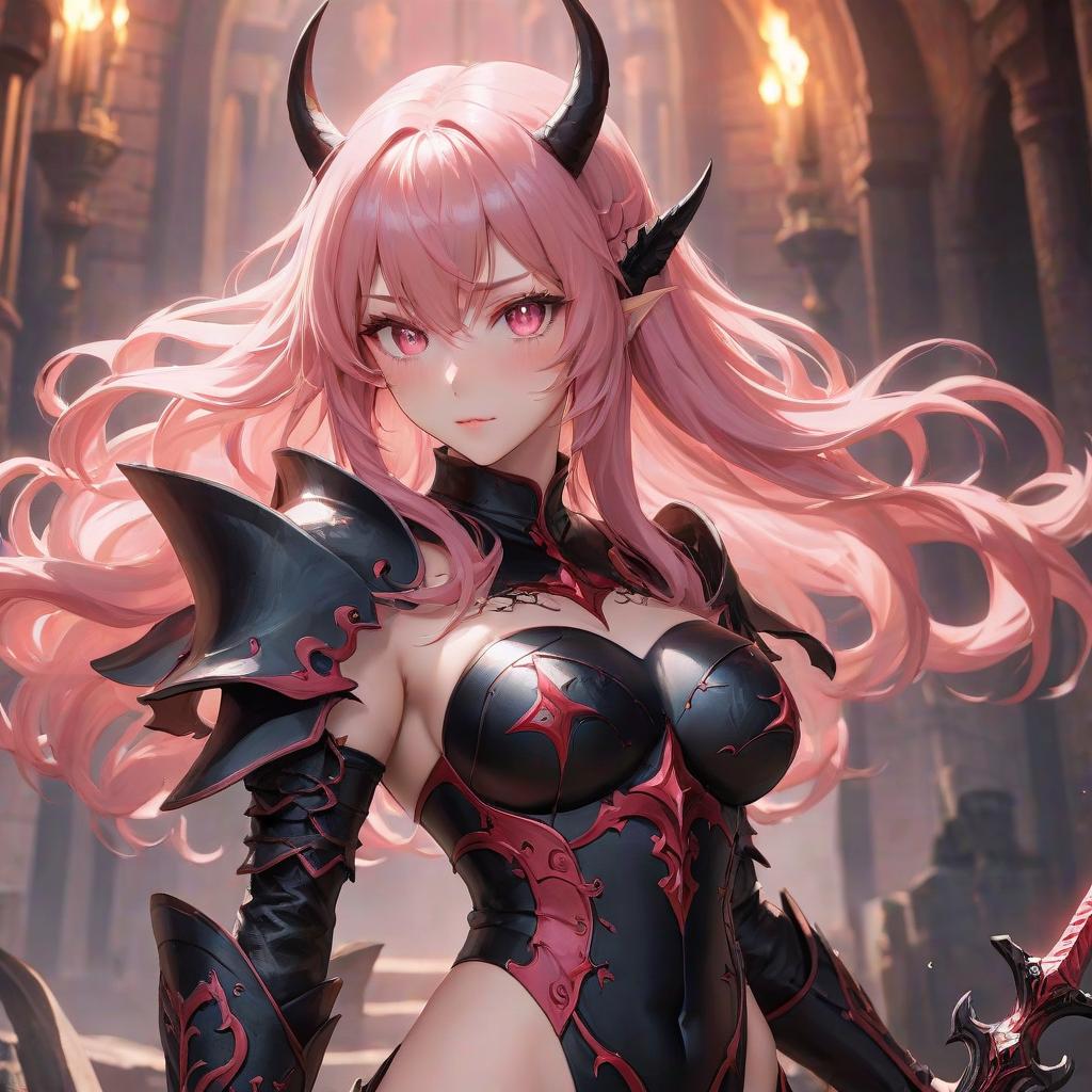  anime artwork demoness, red skin, long light pink wavy hair, black armor, long sword, goes full length, background hell . anime style, key visual, vibrant, studio anime, highly detailed hyperrealistic, full body, detailed clothing, highly detailed, cinematic lighting, stunningly beautiful, intricate, sharp focus, f/1. 8, 85mm, (centered image composition), (professionally color graded), ((bright soft diffused light)), volumetric fog, trending on instagram, trending on tumblr, HDR 4K, 8K