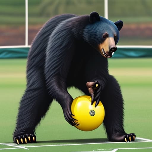  Angry black bear with cricket bat, small yellow ball