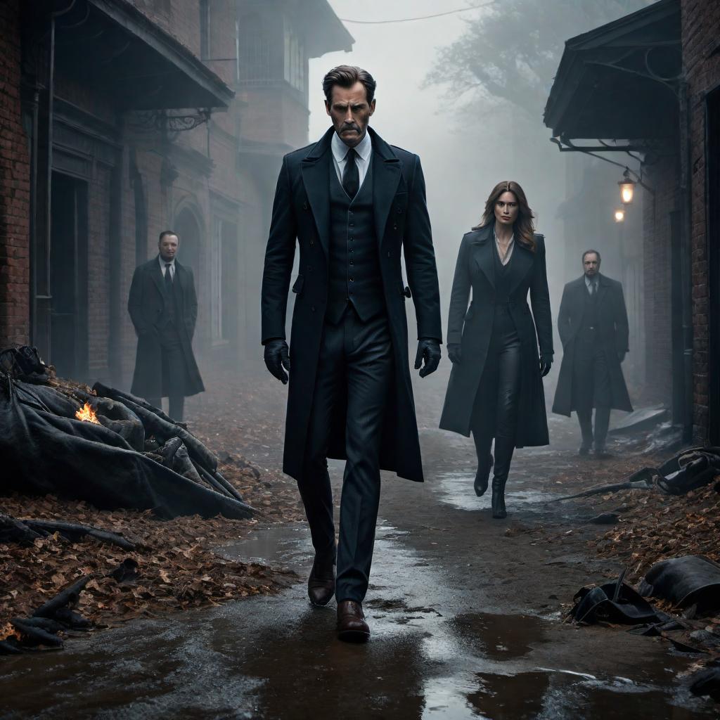  An intriguing and mysterious image representing the theme of catching killers. It should be suspenseful and engaging, with elements like magnifying glass, footprints, and shadowy figures. The image should have a dark color scheme to convey the suspenseful nature of the content. hyperrealistic, full body, detailed clothing, highly detailed, cinematic lighting, stunningly beautiful, intricate, sharp focus, f/1. 8, 85mm, (centered image composition), (professionally color graded), ((bright soft diffused light)), volumetric fog, trending on instagram, trending on tumblr, HDR 4K, 8K