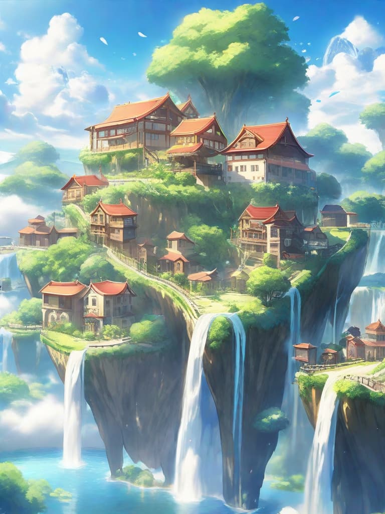  anime artwork, houses on floating island with waterfalls, sunny day with white clouds. , anime style, key visual, vibrant, studio anime, highly detailed