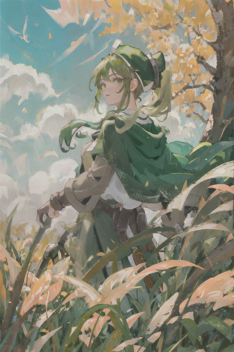  master piece , best quality,Green hair, ponytail, brown hat, hunter, bowman, olive cape