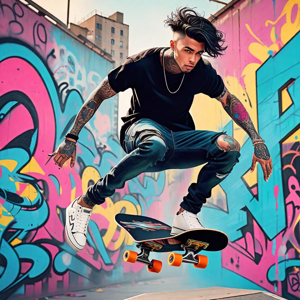  abstract artwork, Handsome guy with beautiful black tattoos and nicely graded haircut. When he's riding a skateboard and he's jumping off a high ramp and he's doing an exercise in the air and a background of cool graffiti paints