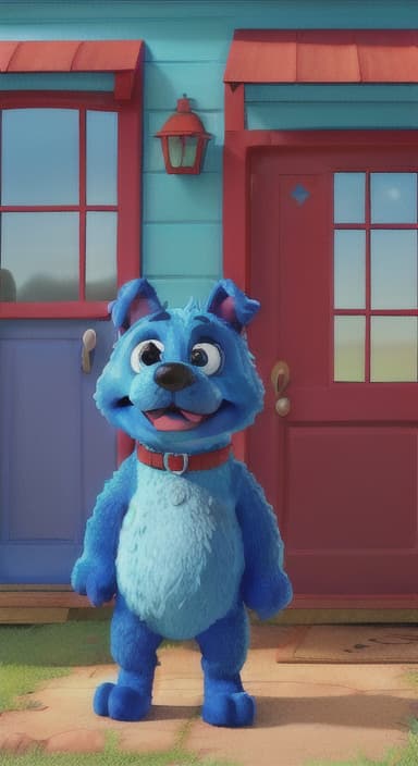  {Max the big blue dog standing in front of a cozy little house with a red door, The big blue dog is large with sky blue fur, big round eyes, a black nose, and floppy ears.