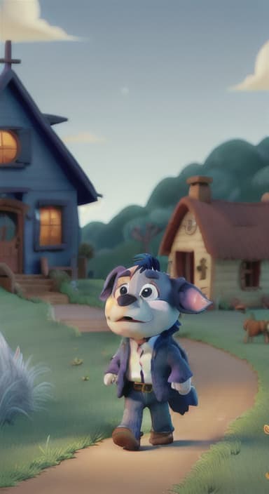  {Max walking back towards the cozy little house with droopy eyes, as twilight falls, The big blue dog is large with sky blue fur, big round eyes, a black nose, and floppy ears.