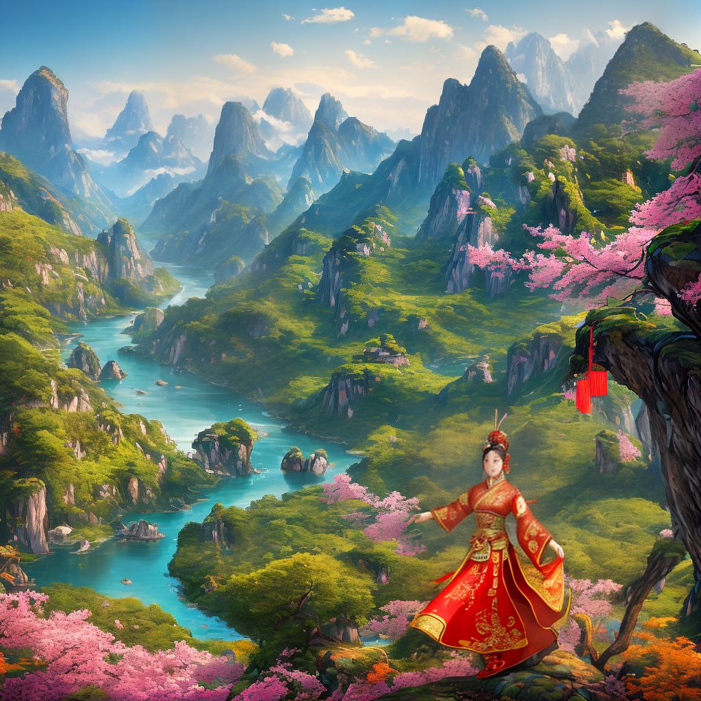  ((masterpiece)),(((best quality))), 8k, high detailed, ultra-detailed. A poster showcasing traditional Chinese culture with a strong sense of national identity and patriotism. The main subject is a group of people dressed in traditional Chinese costumes, ((performing a traditional dance))), surrounded by vibrant colors and intricate patterns. The background features a majestic landscape with mountains and a flowing river. The scene is bathed in warm sunlight, creating a serene and nostalgic atmosphere. hyperrealistic, full body, detailed clothing, highly detailed, cinematic lighting, stunningly beautiful, intricate, sharp focus, f/1. 8, 85mm, (centered image composition), (professionally color graded), ((bright soft diffused light)), volumetric fog, trending on instagram, trending on tumblr, HDR 4K, 8K