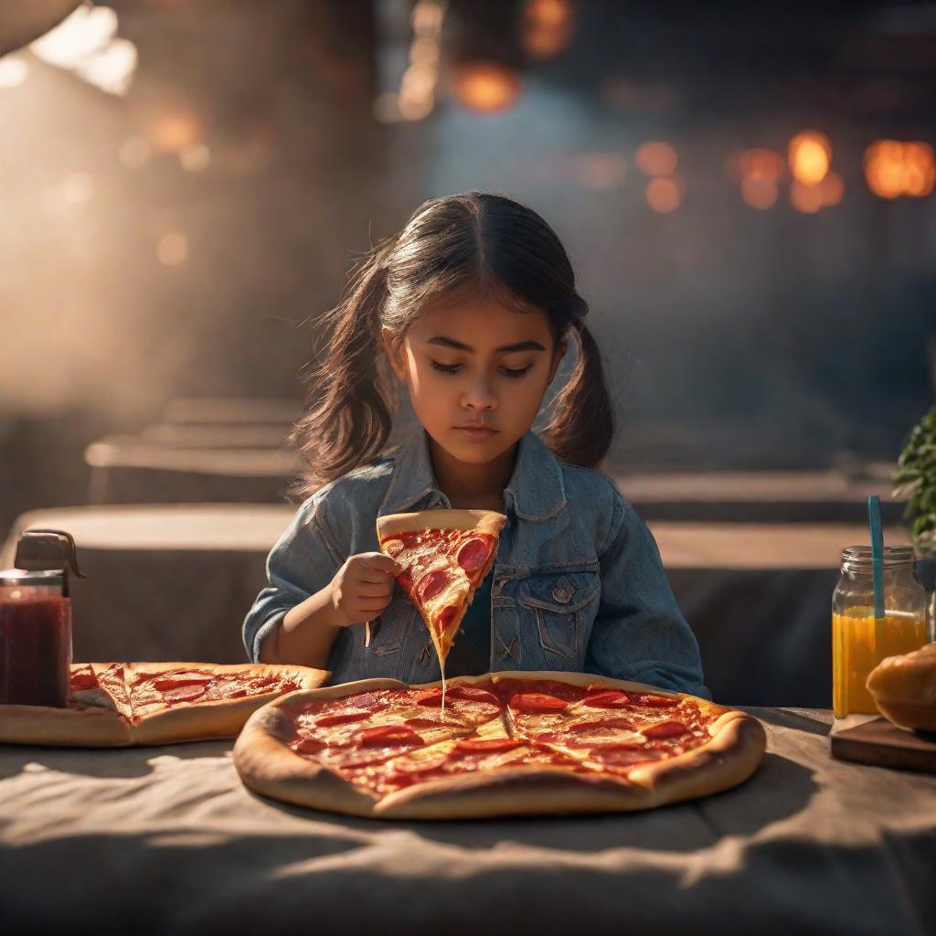  Una niña Comiendo pizza hyperrealistic, full body, detailed clothing, highly detailed, cinematic lighting, stunningly beautiful, intricate, sharp focus, f/1. 8, 85mm, (centered image composition), (professionally color graded), ((bright soft diffused light)), volumetric fog, trending on instagram, trending on tumblr, HDR 4K, 8K