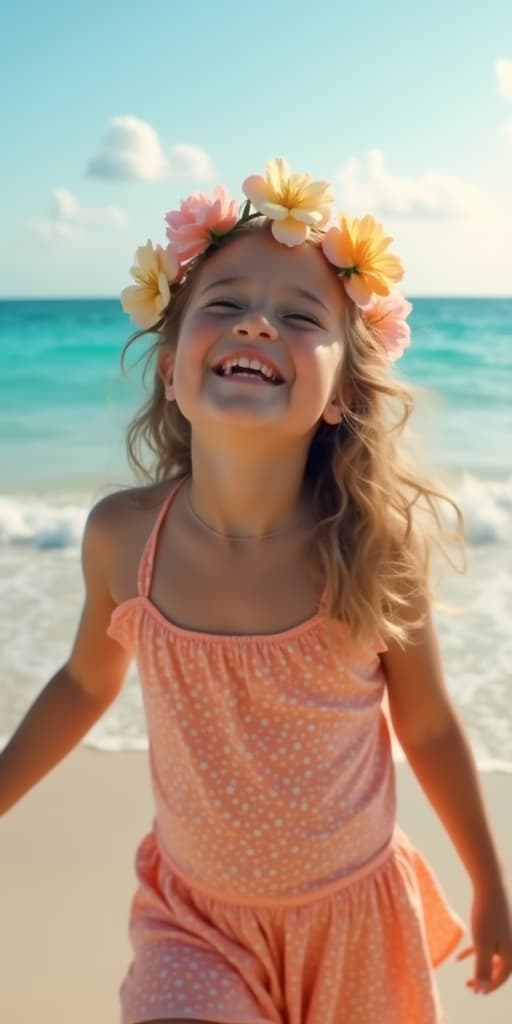  good quality, high quality, a joyous girl with a flower crown on a sunny beach enjoying the warm ocean breeze