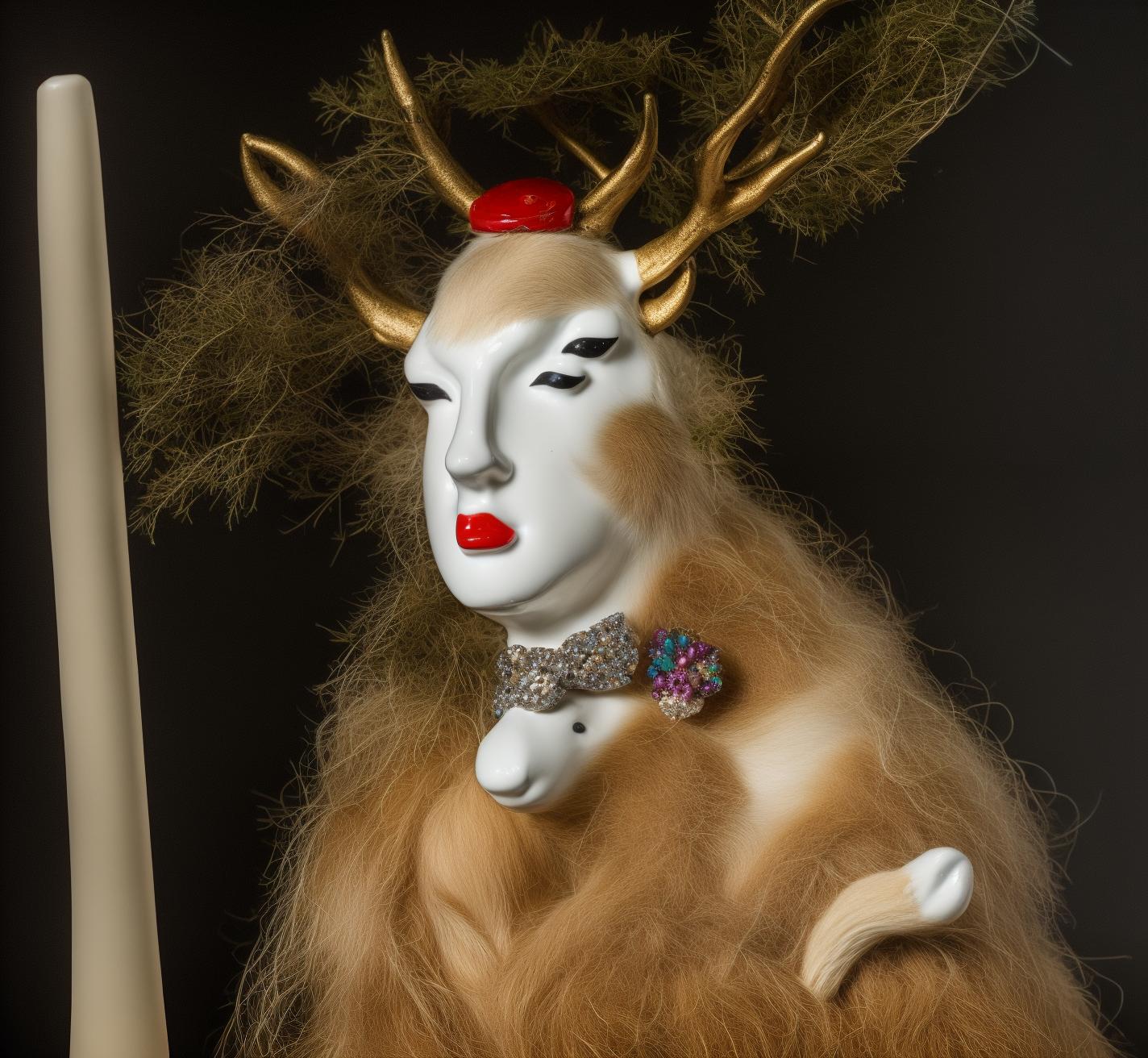  PHOTOGRAPH of a bright, Colorful and Shiny (((Meissen Porcelain deer))) with a (((GLITTERY HAT))), (((Porcelain hair))) looking at the viewer, on a black background, Stunning Masterpiece, Wide angle, 3:2 aspect radio, with perfect expression and facial structure, LARGE EYES, in the style of FRAGONARD, ultra sharp focus, 8k, big dark eyes, closed mouth, (((45 degree light))),  hyperrealistic, full body, detailed clothing, highly detailed, cinematic lighting, stunningly beautiful, intricate, sharp focus, f/1. 8, 85mm, (centered image composition), (professionally color graded), ((bright soft diffused light)), volumetric fog, trending on instagram, trending on tumblr, HDR 4K, 8K