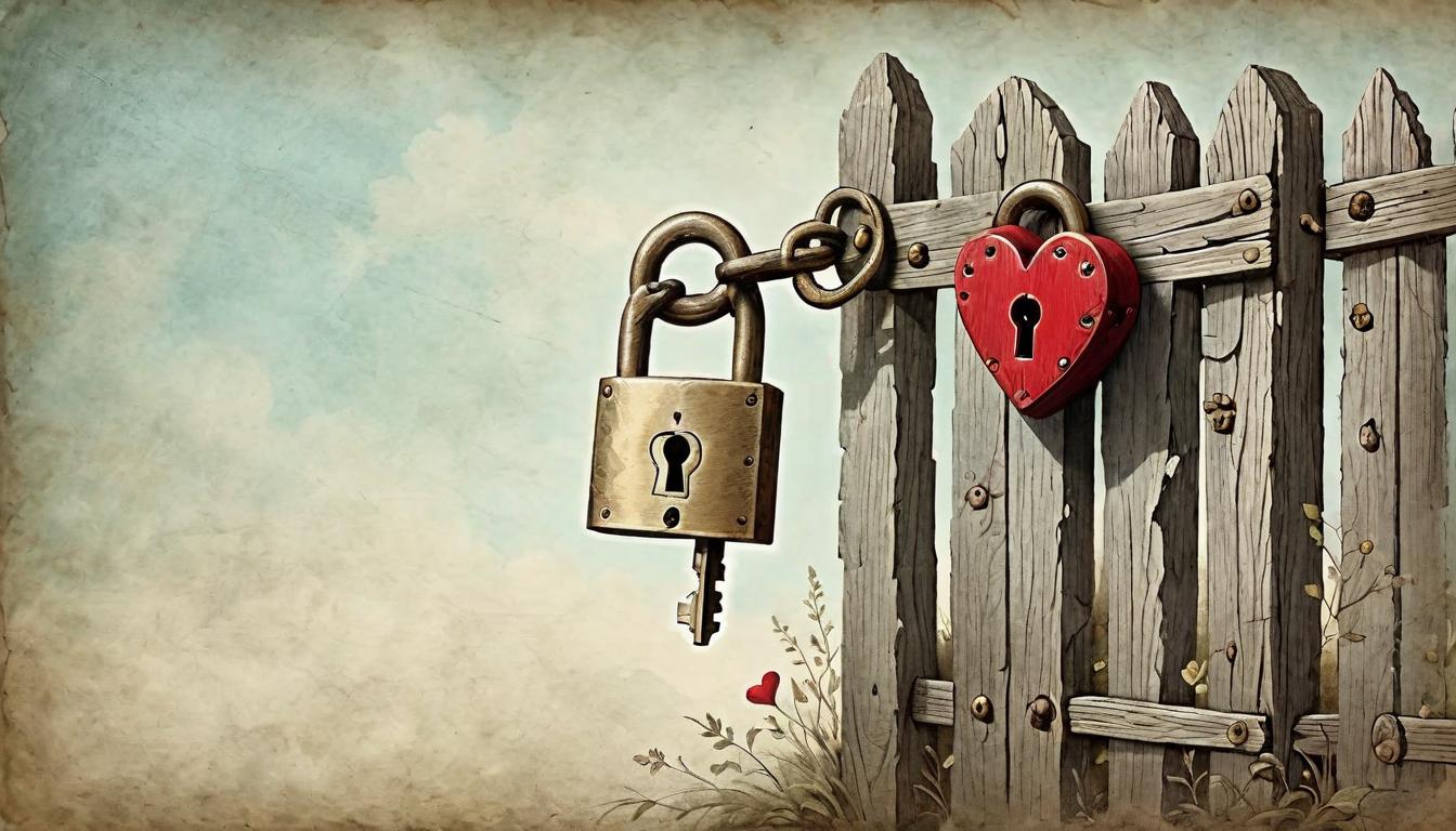  on parchment, surrealism+++, A heart shaped lock hanging on a weathered fence, isolated but longing for a key, symbolic barrier, yearning for connection, lock of solitude(mysterious, provocative, symbolic,muted color)+++