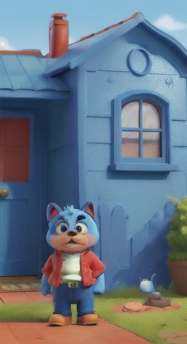  {Max the big blue dog standing in front of a cozy little house with a red door, The big blue dog is large with sky blue fur, big round eyes, a black nose, and floppy ears.