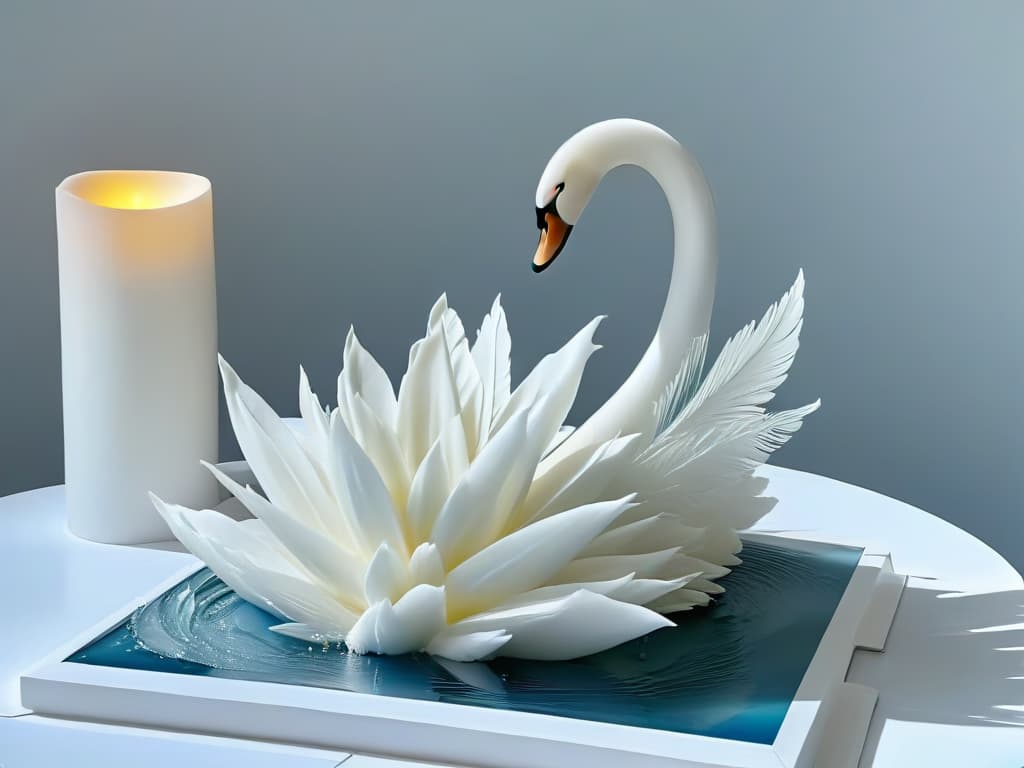  A sleek, minimalistic image of a stunning sugar sculpture centerpiece, intricately designed with delicate details showcasing a flawless swan gracefully perched on a serene pond made entirely of sugar. The sculpture glistens under soft, elegant lighting, emphasizing the precision and artistry involved in creating such a masterpiece. The focus is on the intricate craftsmanship and the ethereal beauty of the sugar sculpture, evoking a sense of sophistication and creativity ideal for upscale events. hyperrealistic, full body, detailed clothing, highly detailed, cinematic lighting, stunningly beautiful, intricate, sharp focus, f/1. 8, 85mm, (centered image composition), (professionally color graded), ((bright soft diffused light)), volumetric fog, trending on instagram, trending on tumblr, HDR 4K, 8K