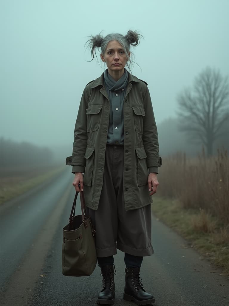  this editorial photography features a senior, non binary person with gray hair styled in double buns. the session captures a bohemian style, highlighted by combat boots and complemented with a tote bag. the photographer uses a leica sl2, known for its premium build and quality output, with a 35mm f1.8 prime lens. the image is shot in foggy lighting conditions, employing cinestill 800t film to enhance the mood with its distinctive grain. this creates a compelling and atmospheric portrayal of a mature individual embracing a unique, spirited fashion sense.