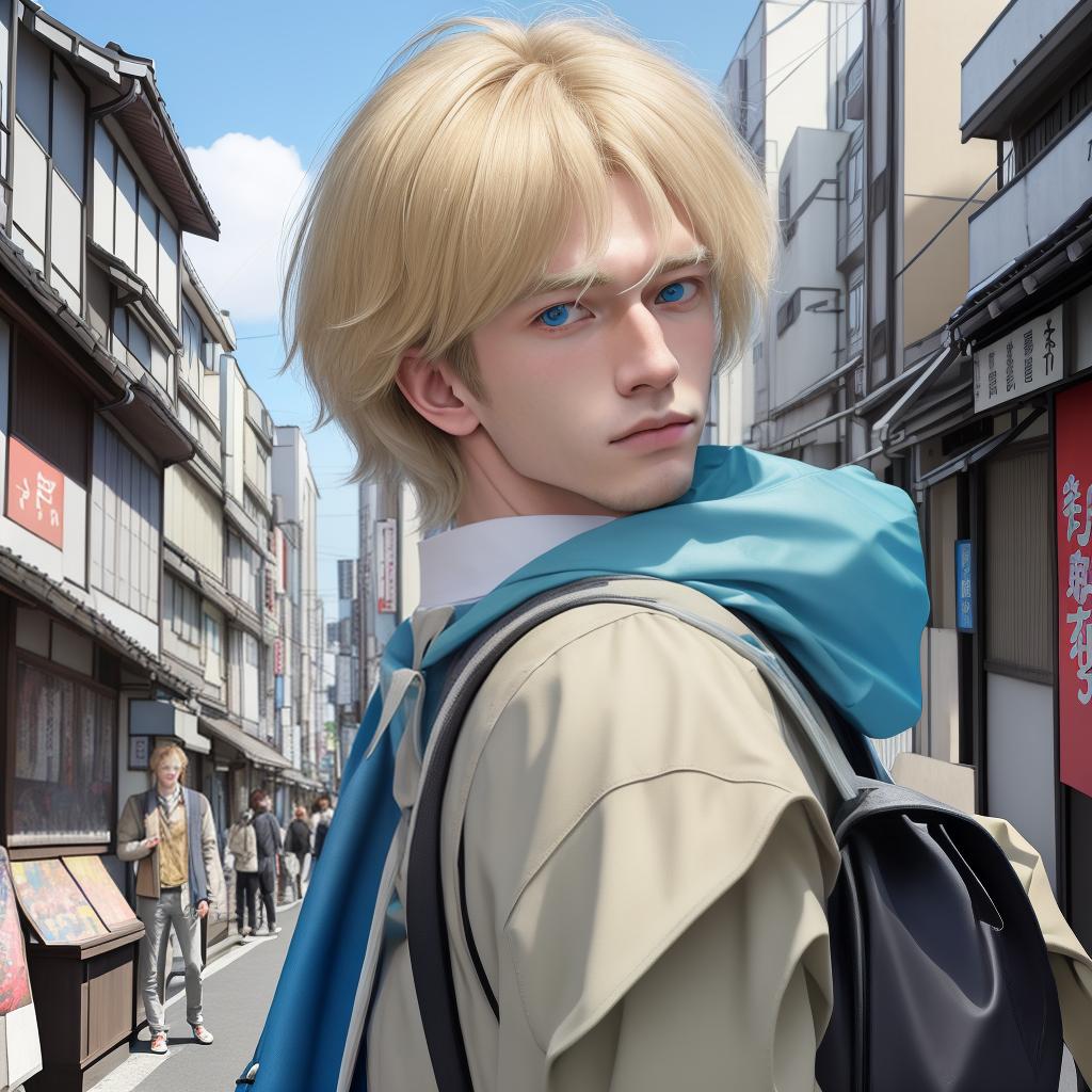  masterpiece, best quality, A captivating prompt for a photograph could be: "A Russian young male with messy blonde hair and sky blue eyes stands amidst the vibrant streets of Japan. His stunning eyes captivate the viewer as he carries a backpack, embodying the spirit of a fearless backpacker. The bustling cityscape serves as the backdrop, with its neon lights and traditional architecture creating a striking contrast. The photograph exudes a sense of adventure and curiosity, with the young man's gaze hinting at the wonders that lie ahead. Captured in a photorealistic style, this image conveys the energy and allure of both the individual and the city. Shot on Fujifilm Pro 400H, the colors are rich and vibrant, enhancing the visual impact."