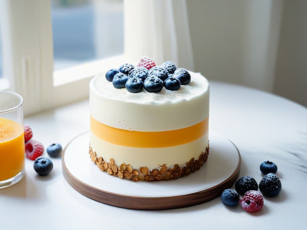  A highly detailed image of a serene kitchen setting with a marble countertop showcasing a beautifully styled vegan coconut kefir parfait. The parfait is elegantly layered with creamy coconut kefir, vibrant fresh berries, and a sprinkle of toasted coconut flakes. The soft natural light filtering through a nearby window highlights the textures and colors of the ingredients, creating an inviting and luxurious culinary scene. hyperrealistic, full body, detailed clothing, highly detailed, cinematic lighting, stunningly beautiful, intricate, sharp focus, f/1. 8, 85mm, (centered image composition), (professionally color graded), ((bright soft diffused light)), volumetric fog, trending on instagram, trending on tumblr, HDR 4K, 8K