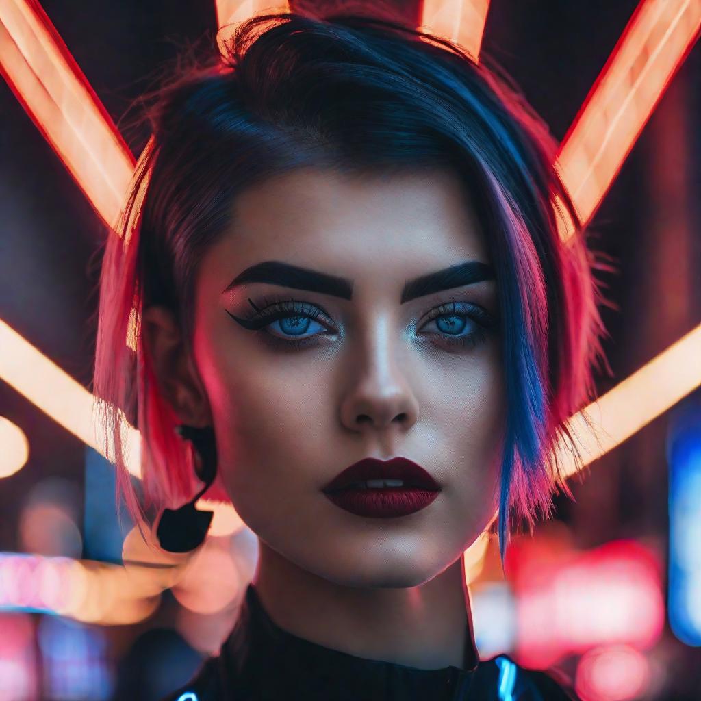  ultra realistic close up portrait ((beautiful pale cyberpunk female with heavy black eyeliner)), blue eyes, shaved side haircut, hyper detail, cinematic lighting, magic neon, dark red city, Canon EOS R3, nikon, f/1.4, ISO 200, 1/160s, 8K, RAW, unedited, symmetrical balance, in frame, 8K hyperrealistic, full body, detailed clothing, highly detailed, cinematic lighting, stunningly beautiful, intricate, sharp focus, f/1. 8, 85mm, (centered image composition), (professionally color graded), ((bright soft diffused light)), volumetric fog, trending on instagram, trending on tumblr, HDR 4K, 8K