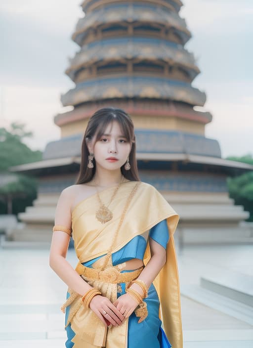  A woman with dark hair and bangs, wearing a gold and blue sari, stands in front of a tower. She has a gold shawl on her shoulders and is holding a blue shawl. She is wearing bracelets and a ring on her middle finger.,award winning composition,high quality,masterpiece,extremely detailed,high res,4k,ultra high res,detailed shadow,ultra realistic,dramatic lighting,bright light
