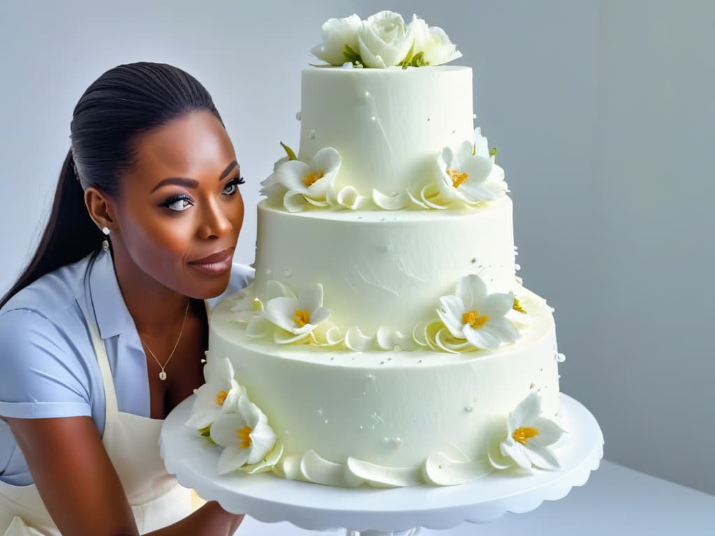  A closeup, photorealistic image of Lorraine Pascale meticulously decorating a multitiered, elegant wedding cake in a pristine white kitchen. Her focused expression, precise hand movements, and the intricate details of the cake decorations are prominently featured, highlighting her skill and artistry in the realm of pastry and baking. The soft natural light streaming through a nearby window casts a gentle glow on the scene, adding a warm and inviting ambiance to the captivating image. hyperrealistic, full body, detailed clothing, highly detailed, cinematic lighting, stunningly beautiful, intricate, sharp focus, f/1. 8, 85mm, (centered image composition), (professionally color graded), ((bright soft diffused light)), volumetric fog, trending on instagram, trending on tumblr, HDR 4K, 8K