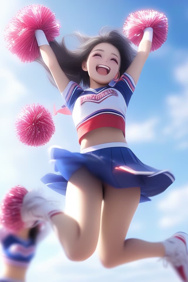  ((Cheerleader,beautiful girl)){black hair,(Forehead:1.4),twin tail hair,dazzling smile,bonbons in both hands,arms outstretched,jumping sky high,dancing}((super details))8k,high resolution,absurd,employed,delicately composed,detailed,exquisitely detailed,bold composition,cinematic angles,dynamic angles,top quality,masterpiece,