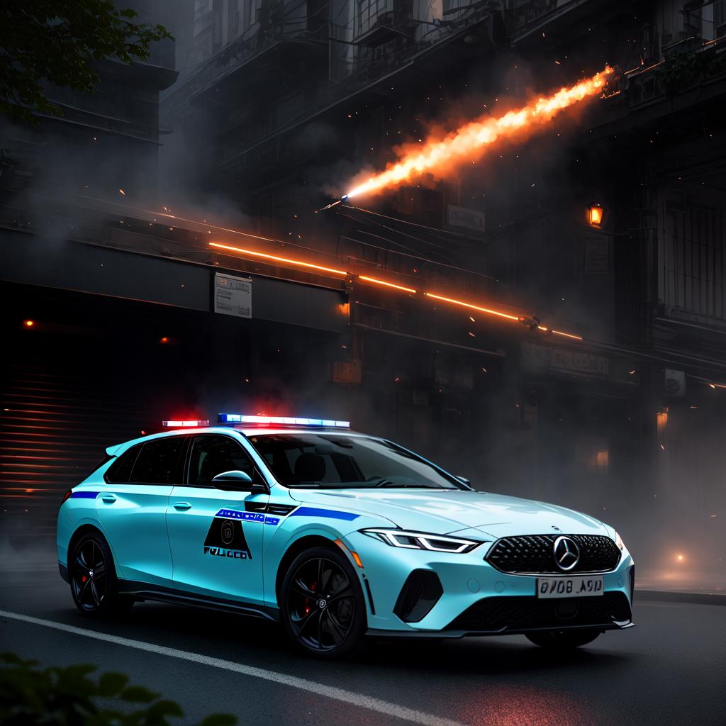  A police car with bullet holes in it hyperrealistic, full body, detailed clothing, highly detailed, cinematic lighting, stunningly beautiful, intricate, sharp focus, f/1. 8, 85mm, (centered image composition), (professionally color graded), ((bright soft diffused light)), volumetric fog, trending on instagram, trending on tumblr, HDR 4K, 8K