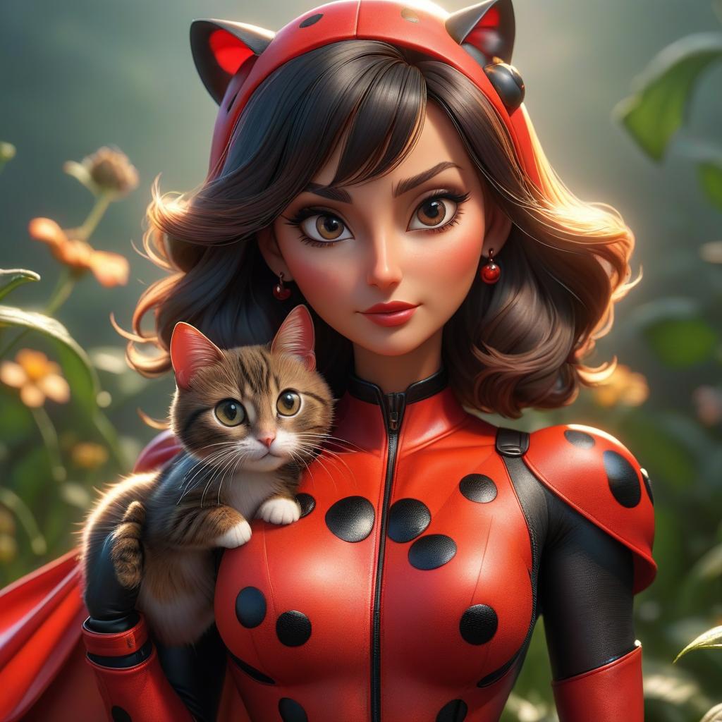  Ladybug and supercat hyperrealistic, full body, detailed clothing, highly detailed, cinematic lighting, stunningly beautiful, intricate, sharp focus, f/1. 8, 85mm, (centered image composition), (professionally color graded), ((bright soft diffused light)), volumetric fog, trending on instagram, trending on tumblr, HDR 4K, 8K