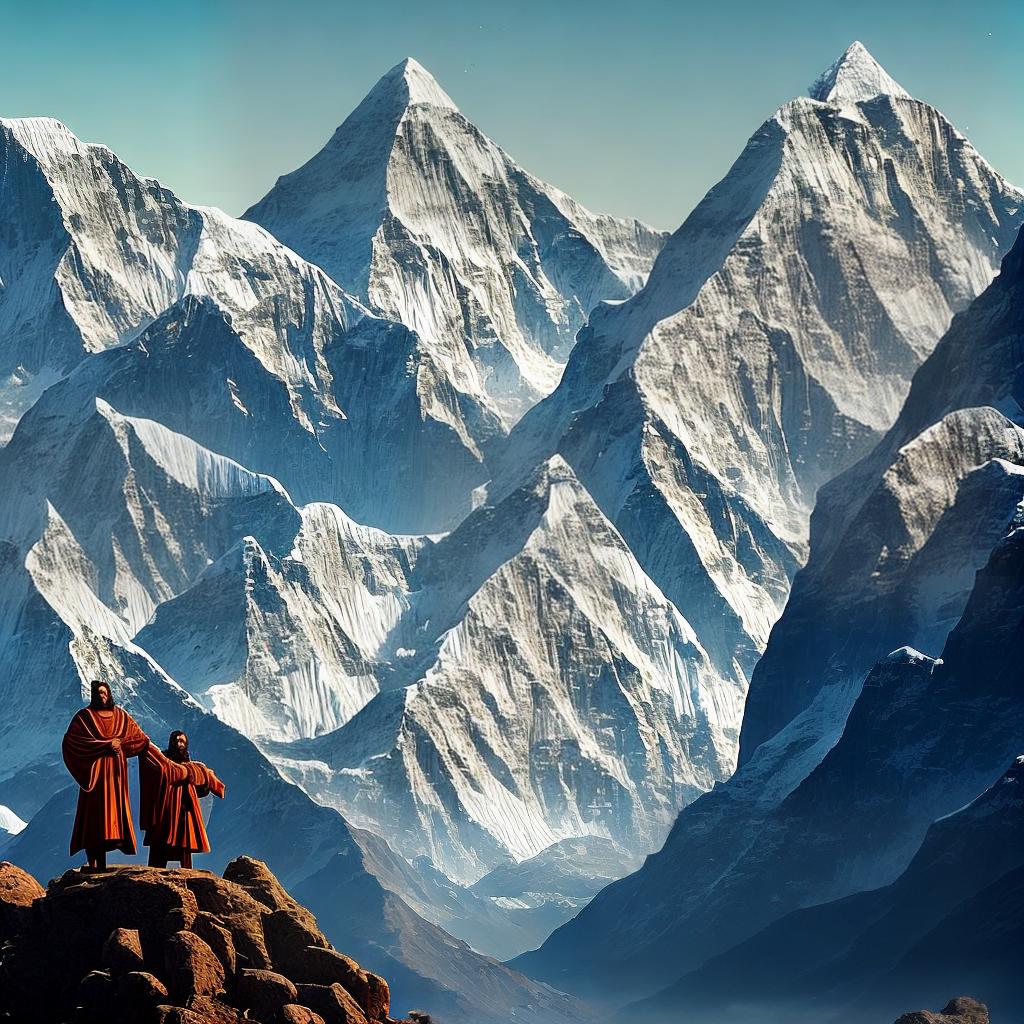  A comic style masterpiece featuring Jesus and Laozi conversing on Mount Everest. Laozi, depicted as an ancient Chinese philosopher with a knowing smile, stands in the foreground. The scene is of the highest quality, with ultra-detailed 8k resolution. The vibrant colors and lighting bring the image to life. The snowy peaks of Mount Everest loom in the background, creating a majestic backdrop. Both figures are surrounded by a serene atmosphere, emphasizing the depth of their conversation. The art style is reminiscent of classic comic books, adding a nostalgic touch to the scene. hyperrealistic, full body, detailed clothing, highly detailed, cinematic lighting, stunningly beautiful, intricate, sharp focus, f/1. 8, 85mm, (centered image composition), (professionally color graded), ((bright soft diffused light)), volumetric fog, trending on instagram, trending on tumblr, HDR 4K, 8K