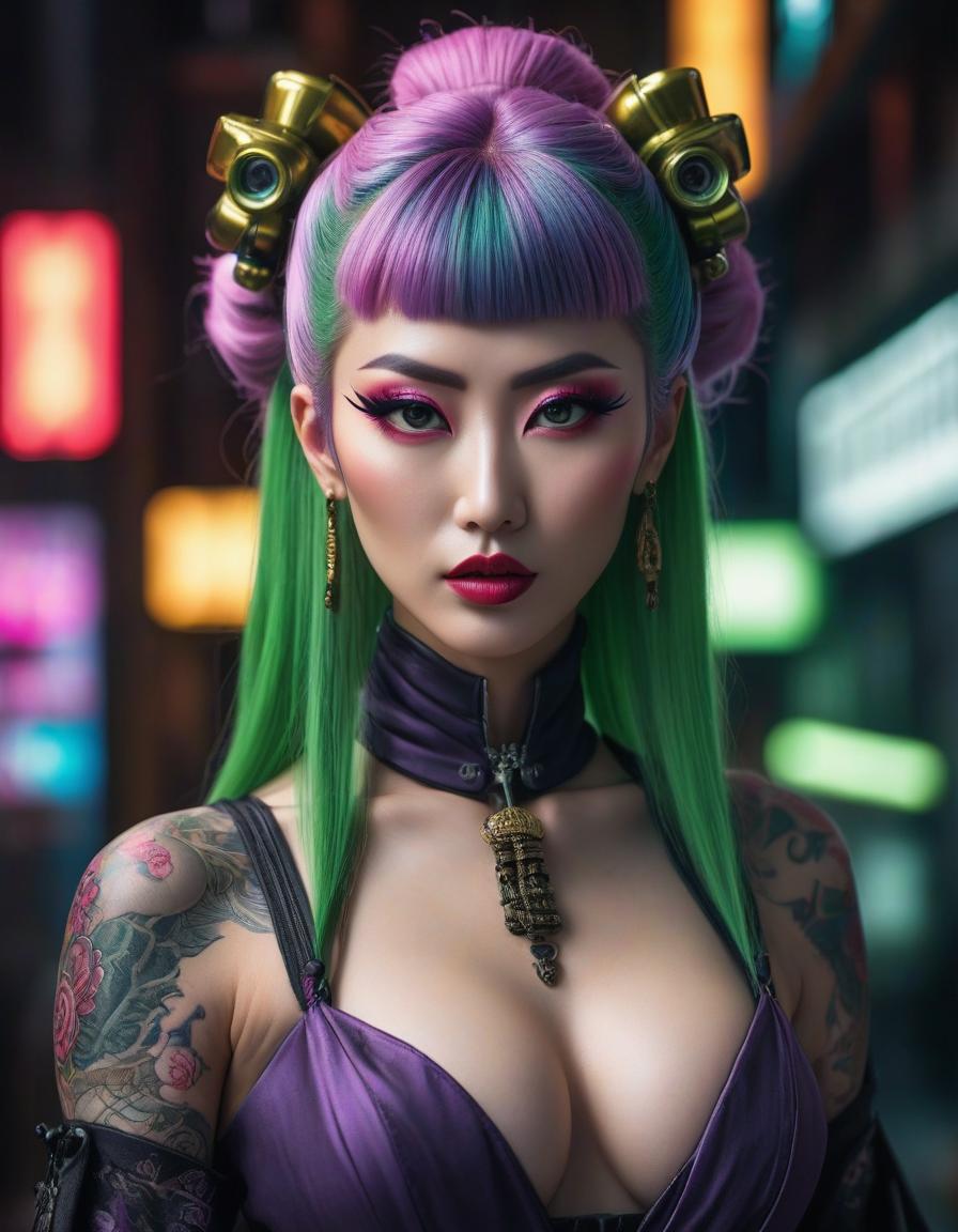  neonpunk style Gorgeous fluid, realistic and intricate, high definition portrait of a Gothic Geisha with realistic, clear eyes and detailed green hair, high resolution, photorealistic, Nikon Z9, 85mm F1.2, DOF, sharp focus very detailed and extremely beautiful. Intricate photorealistic 8k winning photography masterpiece, ultra detailed high definition sharp quality focused in hdr Ultra realistic, HR Ginger . cyberpunk, vaporwave, neon, vibes, vibrant, stunningly beautiful, crisp, detailed, sleek, ultramodern, magenta highlights, dark purple shadows, high contrast, cinematic, ultra detailed, intricate, professional hyperrealistic, full body, detailed clothing, highly detailed, cinematic lighting, stunningly beautiful, intricate, sharp focus, f/1. 8, 85mm, (centered image composition), (professionally color graded), ((bright soft diffused light)), volumetric fog, trending on instagram, trending on tumblr, HDR 4K, 8K