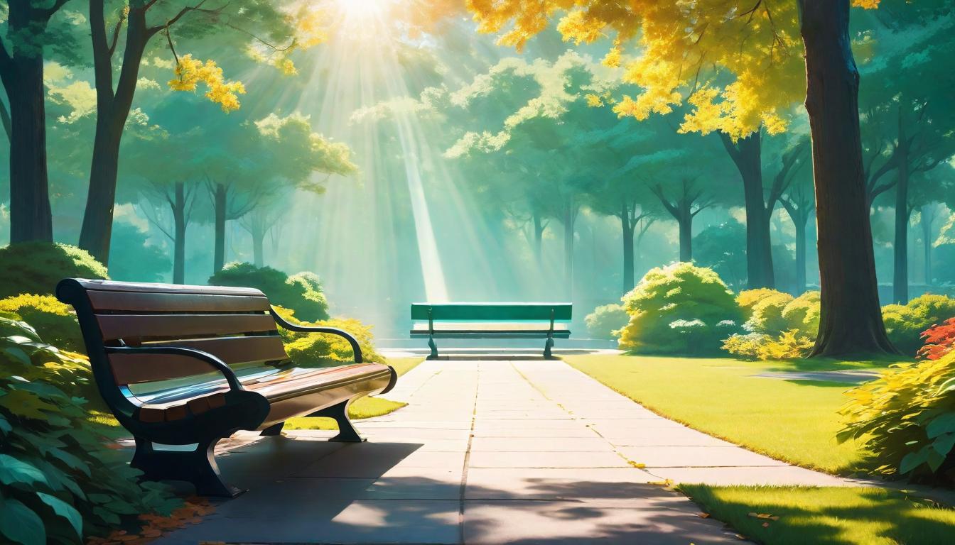  retro futuristic An empty bench in a serene park setting, surrounded by trees and sunlight streaming through leaves. Solitary respite, natural tranquility, contemplative silence, personal recharge lvintage sci fi, 50s and 60s style, atomic age, vibrant, highly detailed