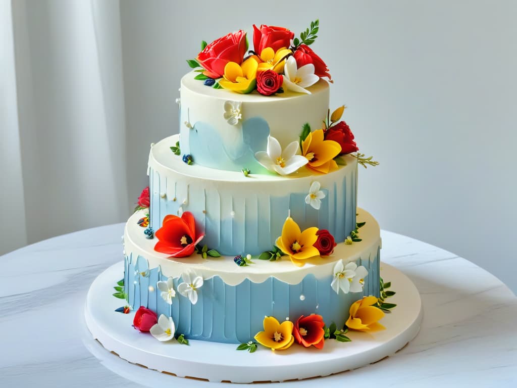  A hyperrealistic image of a meticulously decorated threetiered wedding cake, adorned with intricate sugar flowers in vibrant colors cascading down the sides. The cake sits on a polished marble countertop, with soft natural light streaming in, casting gentle shadows that highlight the intricate details of the delicate petals and foliage. The image captures the artistry and skill involved in advanced pastry techniques, inspiring viewers to aspire to such expertise in their online baking courses. hyperrealistic, full body, detailed clothing, highly detailed, cinematic lighting, stunningly beautiful, intricate, sharp focus, f/1. 8, 85mm, (centered image composition), (professionally color graded), ((bright soft diffused light)), volumetric fog, trending on instagram, trending on tumblr, HDR 4K, 8K