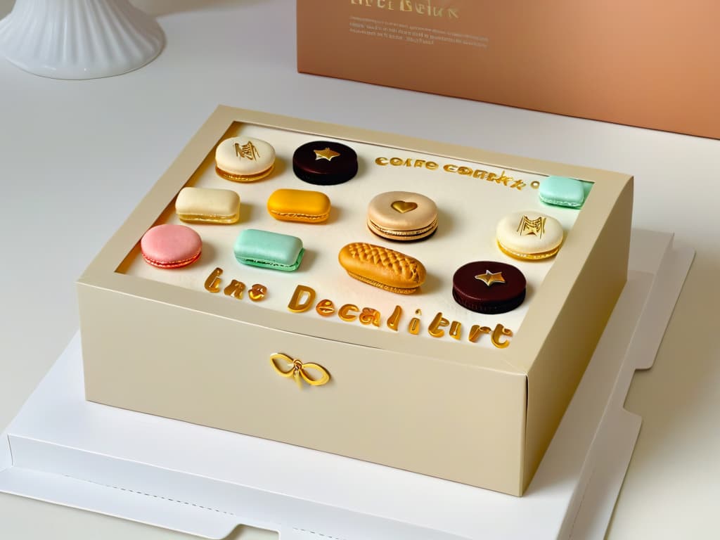  A closeup, ultradetailed image of a beautifully crafted, intricate pastry box made from premium cardboard material, featuring a sleek matte finish with embossed gold foil lettering that spells out "Dulce Delight" in elegant cursive font. The box is adorned with a subtle pattern of miniature illustrations depicting various delectable desserts such as macarons, tarts, and cupcakes, all artfully arranged in a stylish and minimalist design that exudes luxury and sophistication. hyperrealistic, full body, detailed clothing, highly detailed, cinematic lighting, stunningly beautiful, intricate, sharp focus, f/1. 8, 85mm, (centered image composition), (professionally color graded), ((bright soft diffused light)), volumetric fog, trending on instagram, trending on tumblr, HDR 4K, 8K