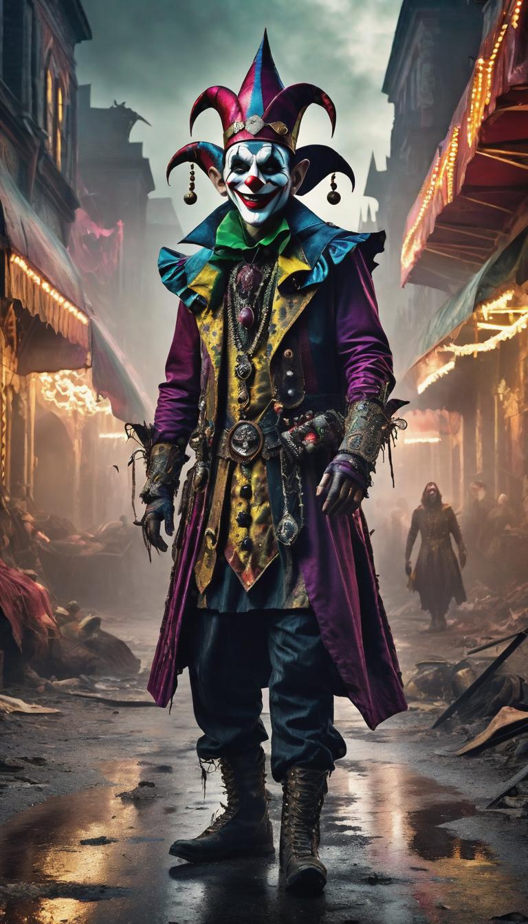  Post apocalyptic style depiction of a sinister jester in a dark carnival. Dark, mysterious, scary, haunting, dramatic, ornate, detailed. . Futuristic, technological, survival in the wasteland, desolate cities, and the resilience and survival instincts of humanity theme. hyperrealistic, full body, detailed clothing, highly detailed, cinematic lighting, stunningly beautiful, intricate, sharp focus, f/1. 8, 85mm, (centered image composition), (professionally color graded), ((bright soft diffused light)), volumetric fog, trending on instagram, trending on tumblr, HDR 4K, 8K