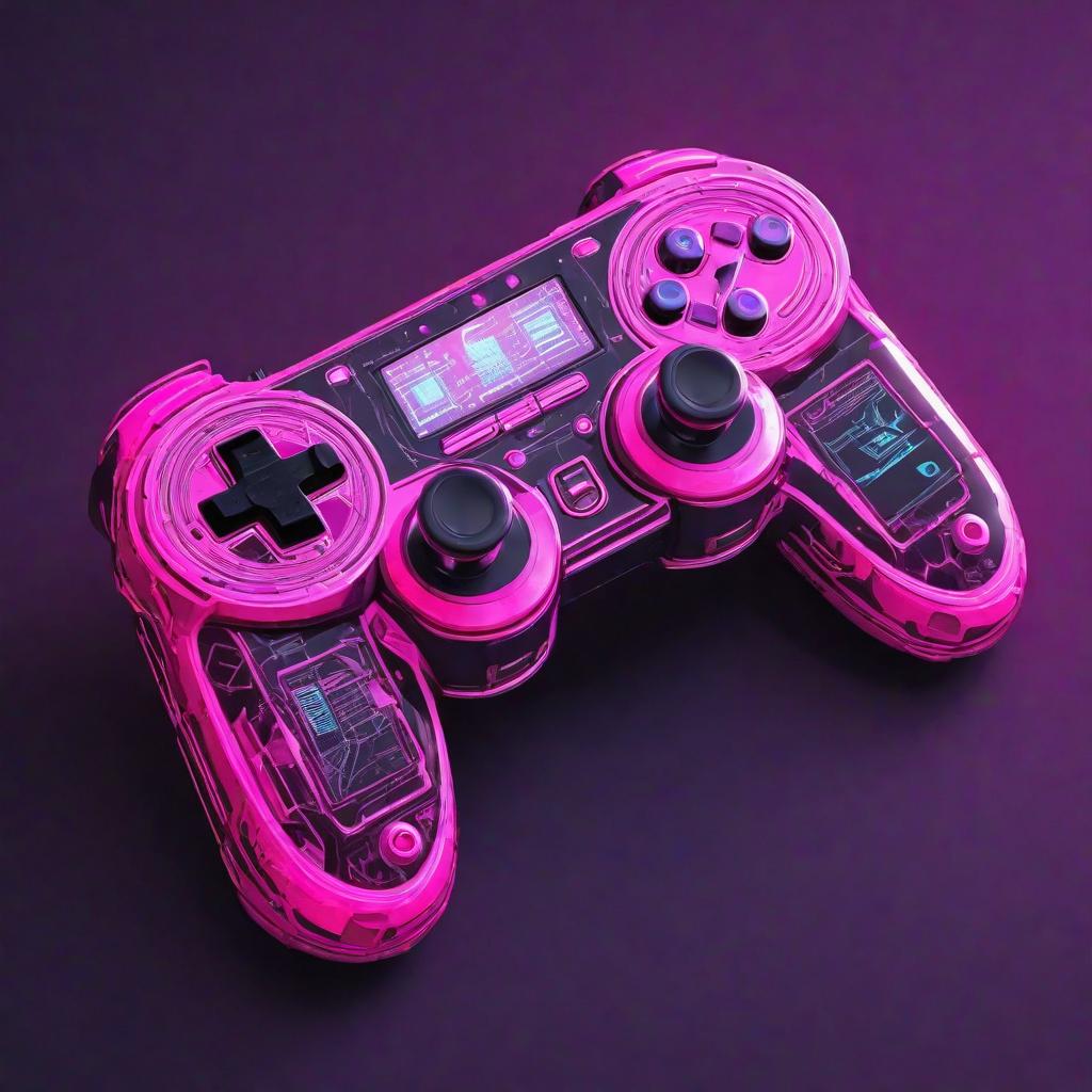  vintage gamepad, isometric plan, neon pink  cyberpunk style,  hyper realistic, high quality, detailed, cute, hyper detail, full HD hyperrealistic, full body, detailed clothing, highly detailed, cinematic lighting, stunningly beautiful, intricate, sharp focus, f/1. 8, 85mm, (centered image composition), (professionally color graded), ((bright soft diffused light)), volumetric fog, trending on instagram, trending on tumblr, HDR 4K, 8K