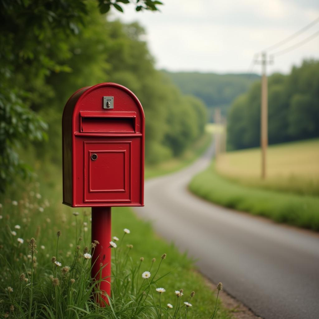  good quality, high quality, a bright red mailbox on a quiet rural road, standing out against the lush green countryside, symbolizing communication in a peaceful setting.