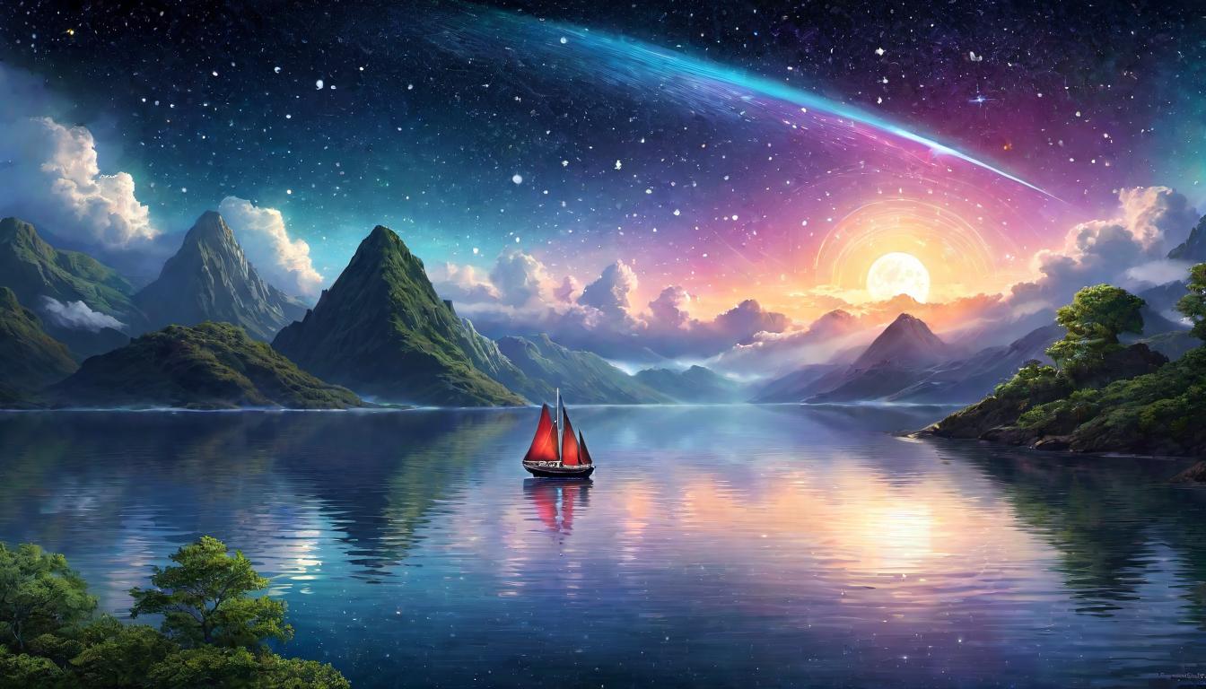  digital illustration, Sailboat navigating by the stars, journey of transformation, divine guidance, exploration, spiritual voyage, looking at viewer, dynamic pose, (intricate details, masterpiece, best quality)