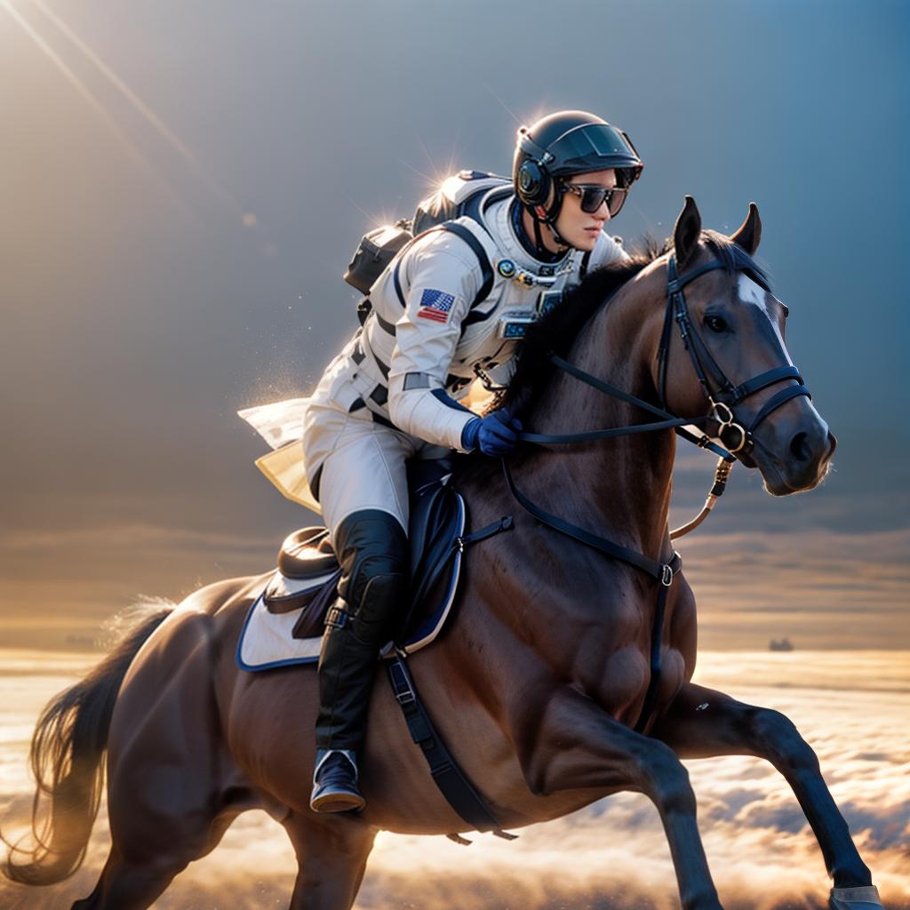  A photograph of an astronaut riding a horse hyperrealistic, full body, detailed clothing, highly detailed, cinematic lighting, stunningly beautiful, intricate, sharp focus, f/1. 8, 85mm, (centered image composition), (professionally color graded), ((bright soft diffused light)), volumetric fog, trending on instagram, trending on tumblr, HDR 4K, 8K