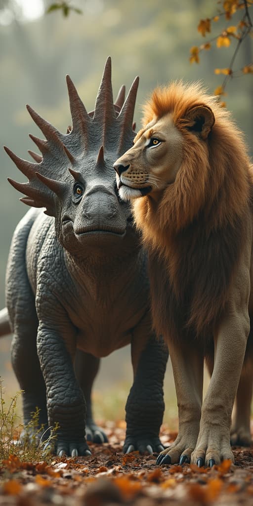  good quality, high quality, a ankylosaurus standing right next to a lion, epic, realistic, highly detailed