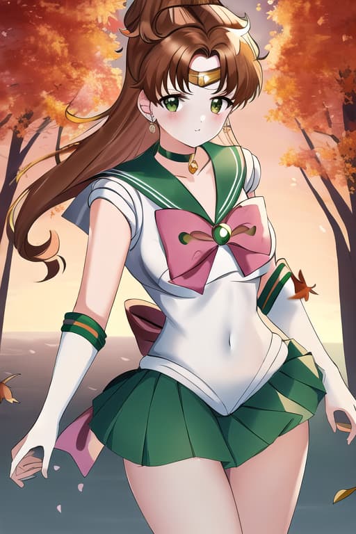  (sailor jupiter:1.3), (masterpiece), (highest quality), (intricate), (high detail),Autumn women, autumn, falling leaves, masterpiece, best quality, high quality, solo