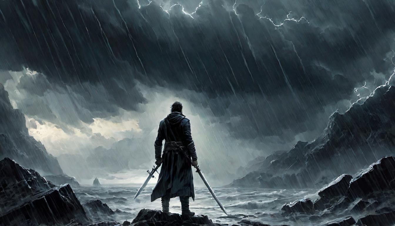  digital painting of A figure standing defiantly against a stormy background, confronting horrors, resilience, dark against light, hope amidst despair looking at viewer, dynamic pose, (intricate details, masterpiece, best quality)