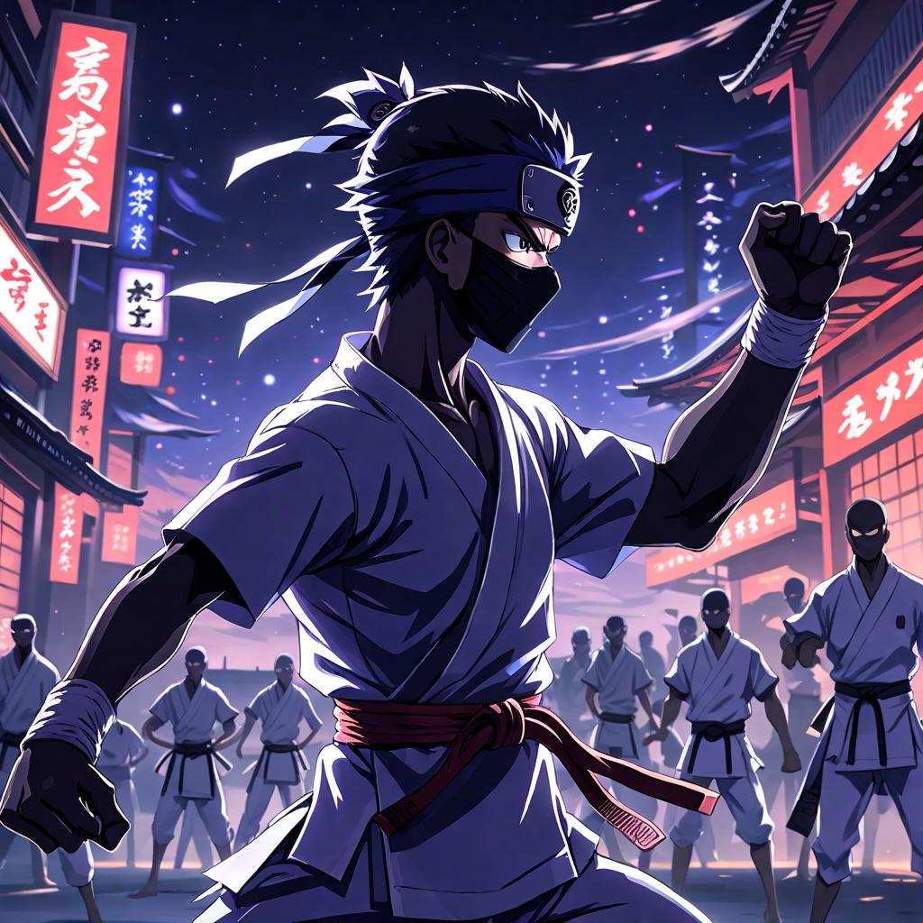  anime style artwork, (masterpiece:1.1), (highest quality:1.1), karate cloth ninja at night, anime style, key visual, vibrant, studio anime, highly detailed