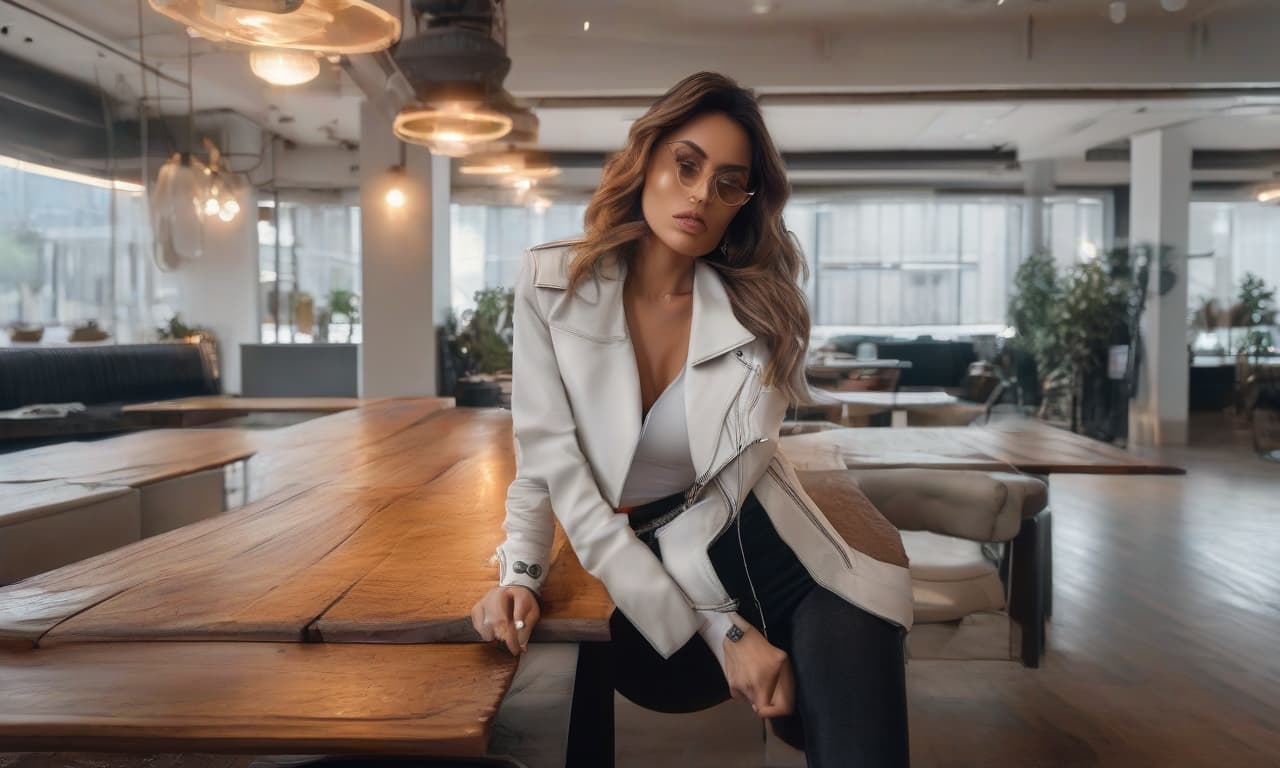  A girl in a leather jacket, a white T shirt, and jeans leaned against a table. hyperrealistic, full body, detailed clothing, highly detailed, cinematic lighting, stunningly beautiful, intricate, sharp focus, f/1. 8, 85mm, (centered image composition), (professionally color graded), ((bright soft diffused light)), volumetric fog, trending on instagram, trending on tumblr, HDR 4K, 8K