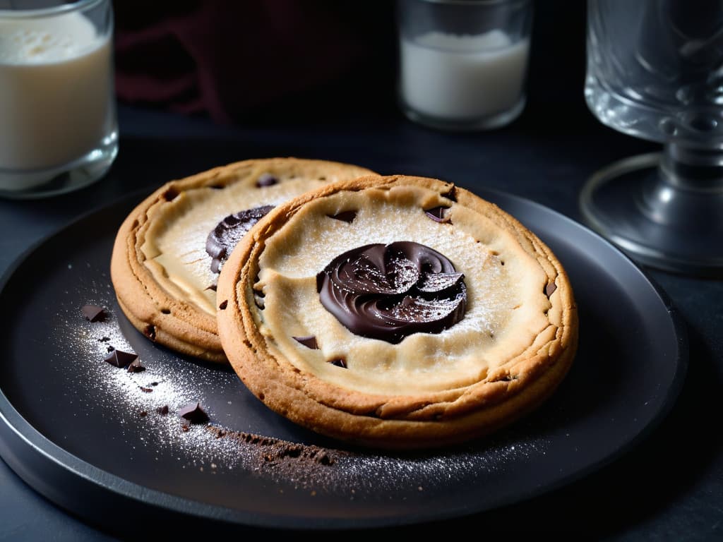  A closeup, ultradetailed image of a perfectly goldenbrown vegan chocolate chip cookie with chunks of dark chocolate peeking through, set on a sleek, matte black plate. The cookie is slightly cracked on top, emanating steam, with a dusting of powdered sugar on top, creating a stark contrast against the dark background. The texture of the cookie is visible, showcasing its gooey interior and slightly crisp edges, inviting the viewer to imagine the rich, indulgent flavors. hyperrealistic, full body, detailed clothing, highly detailed, cinematic lighting, stunningly beautiful, intricate, sharp focus, f/1. 8, 85mm, (centered image composition), (professionally color graded), ((bright soft diffused light)), volumetric fog, trending on instagram, trending on tumblr, HDR 4K, 8K