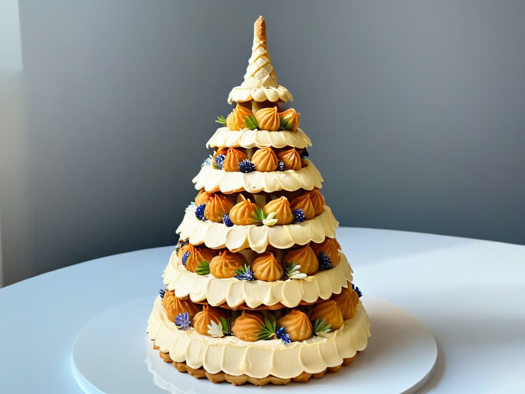  A minimalist and elegant image of a classic French croquembouche dessert, reinterpreted with a modern twist. The croquembouche is expertly crafted, featuring delicate choux pastry balls stacked into a tall, impressive tower, adorned with contemporary decorations like edible flowers or geometric sugar sculptures. The background is simple and clean, highlighting the intricate details and innovative presentation of this traditional dessert reimagined for a modern audience. hyperrealistic, full body, detailed clothing, highly detailed, cinematic lighting, stunningly beautiful, intricate, sharp focus, f/1. 8, 85mm, (centered image composition), (professionally color graded), ((bright soft diffused light)), volumetric fog, trending on instagram, trending on tumblr, HDR 4K, 8K